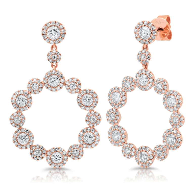 14K Rose Gold Diamond Halo Circle Dangle Earrings