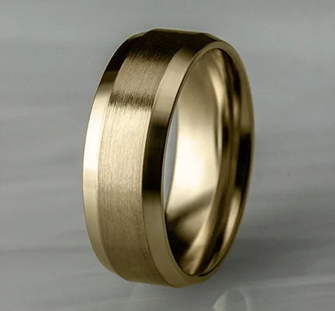 18K Yellow Gold Men's Designer Wedding Band, Beveled Edges | 8mm