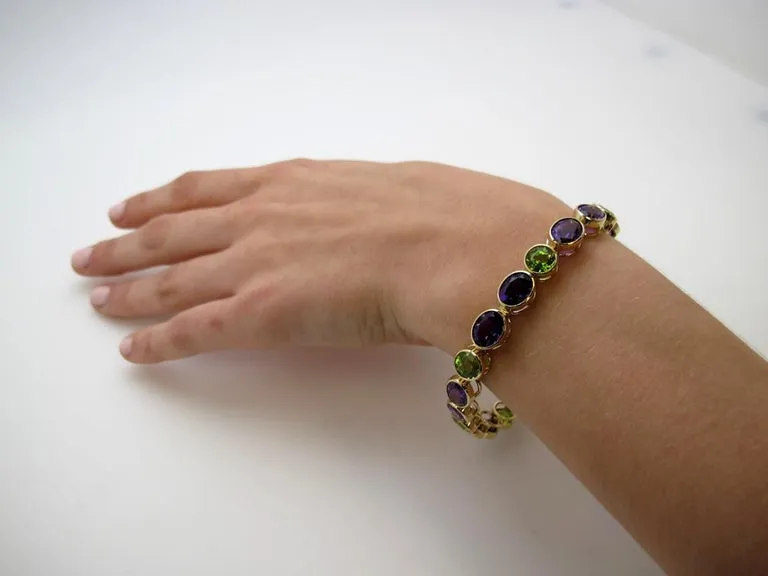 22.84 Carats Total Amethyst and 10.84 Carats Total Peridot Tennis Link Bracelet