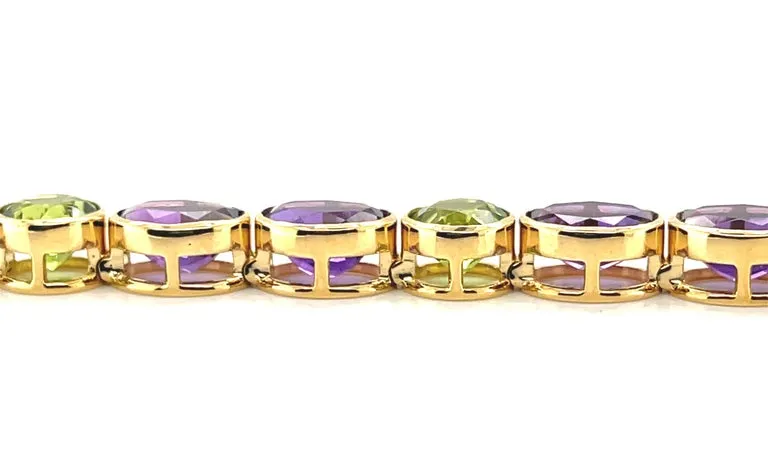 22.84 Carats Total Amethyst and 10.84 Carats Total Peridot Tennis Link Bracelet