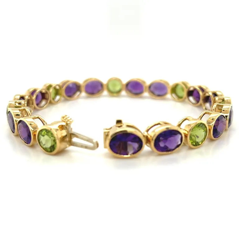 22.84 Carats Total Amethyst and 10.84 Carats Total Peridot Tennis Link Bracelet