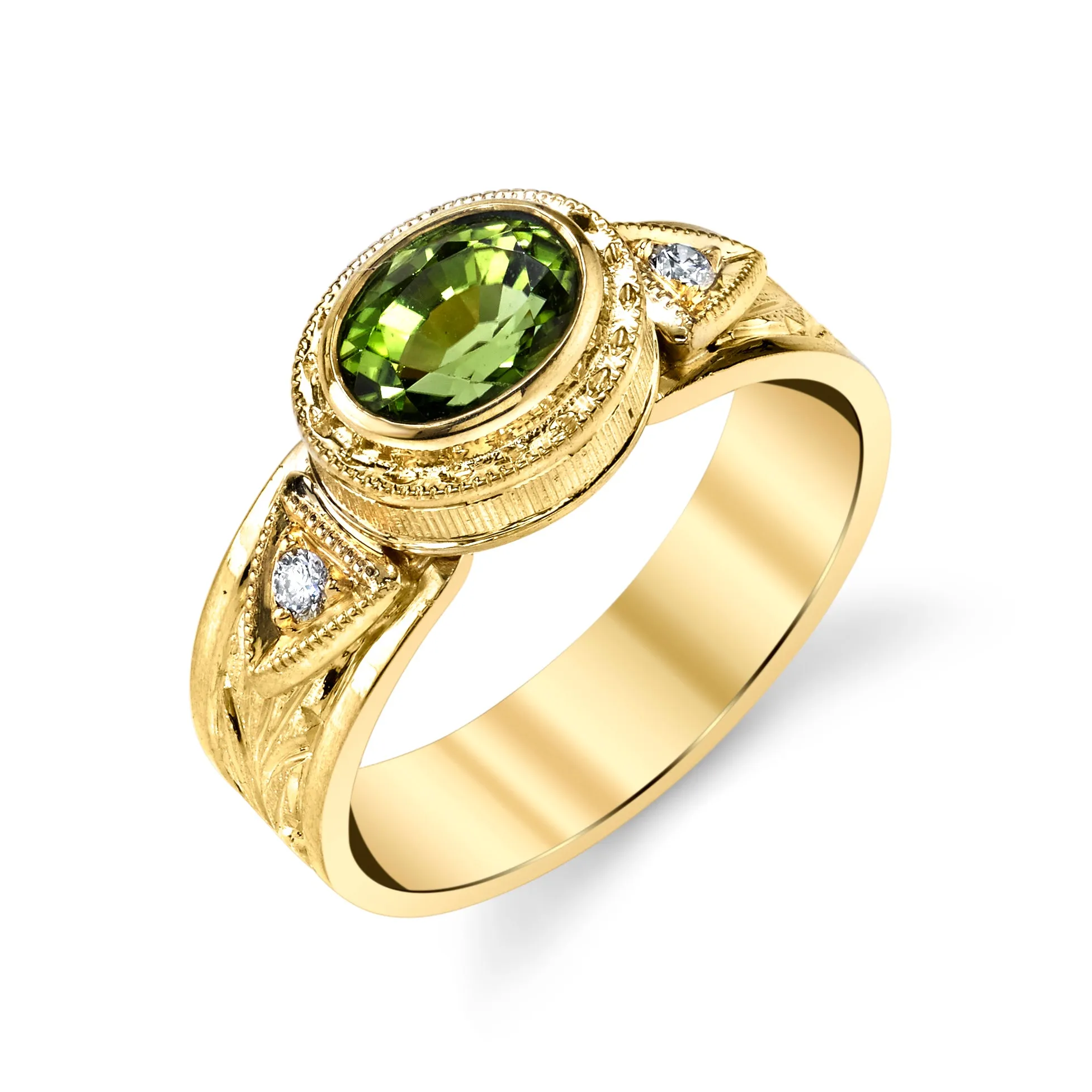2.60 Carat Peridot Oval and Diamond Yellow Gold Engraved Bezel Band Ring