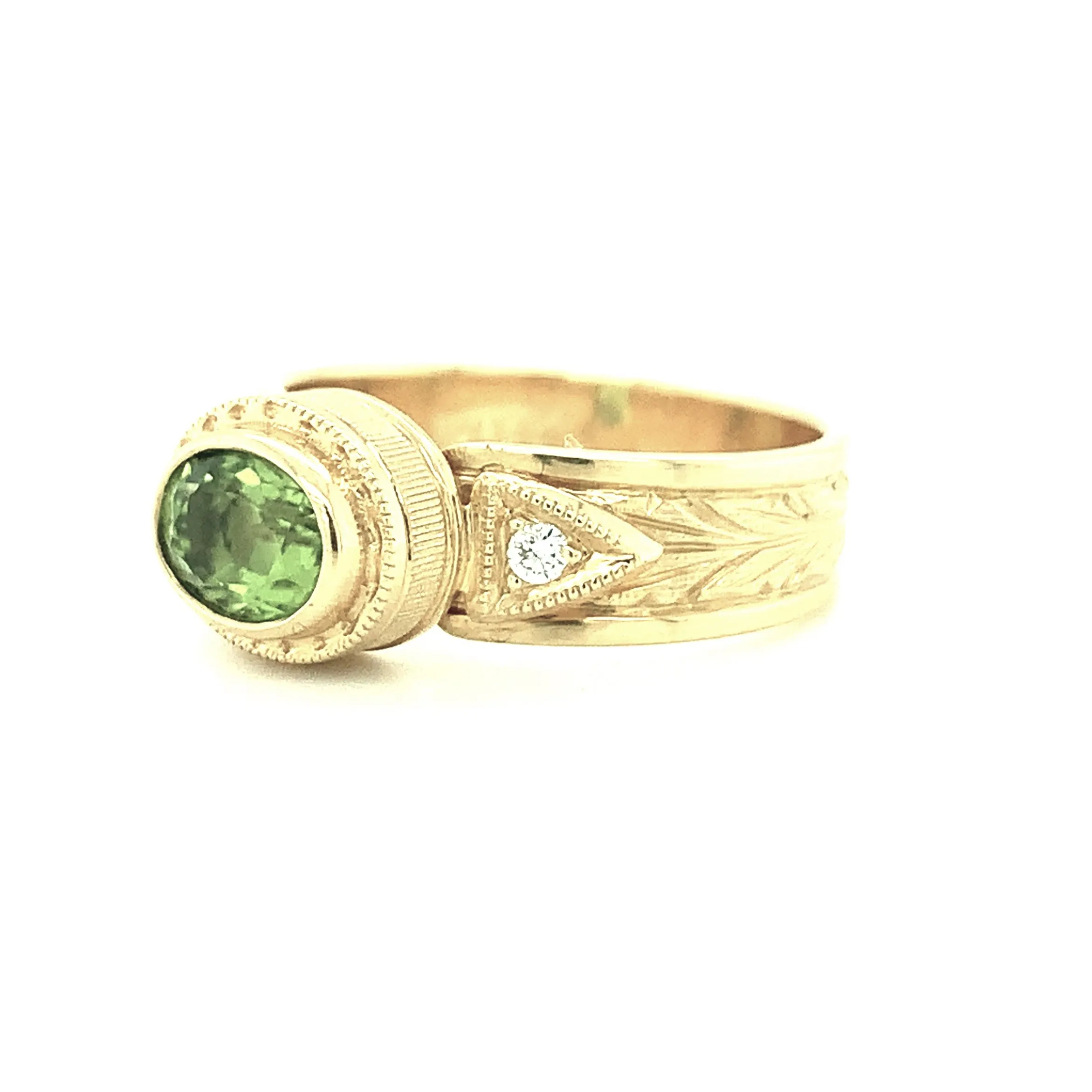 2.60 Carat Peridot Oval and Diamond Yellow Gold Engraved Bezel Band Ring