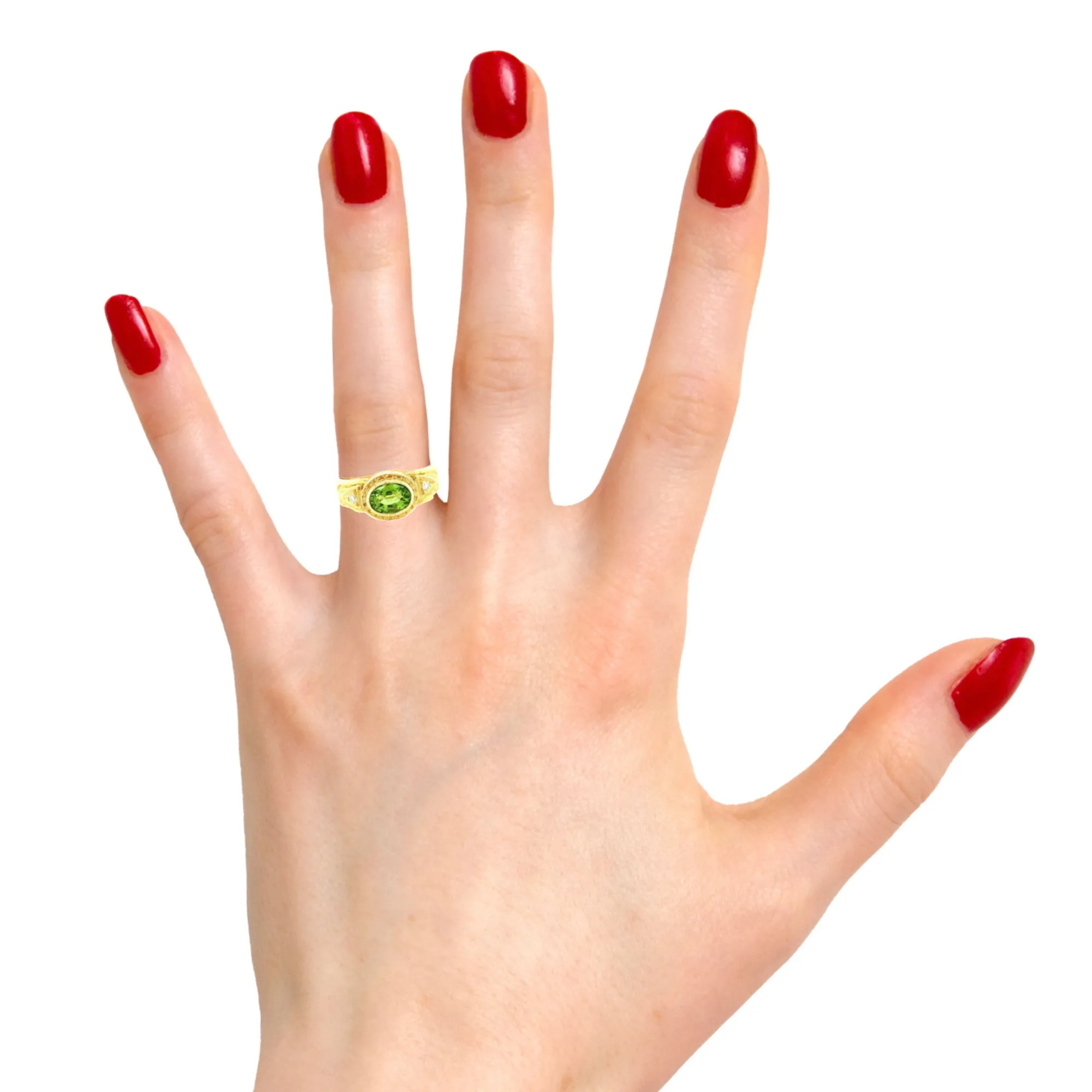 2.60 Carat Peridot Oval and Diamond Yellow Gold Engraved Bezel Band Ring