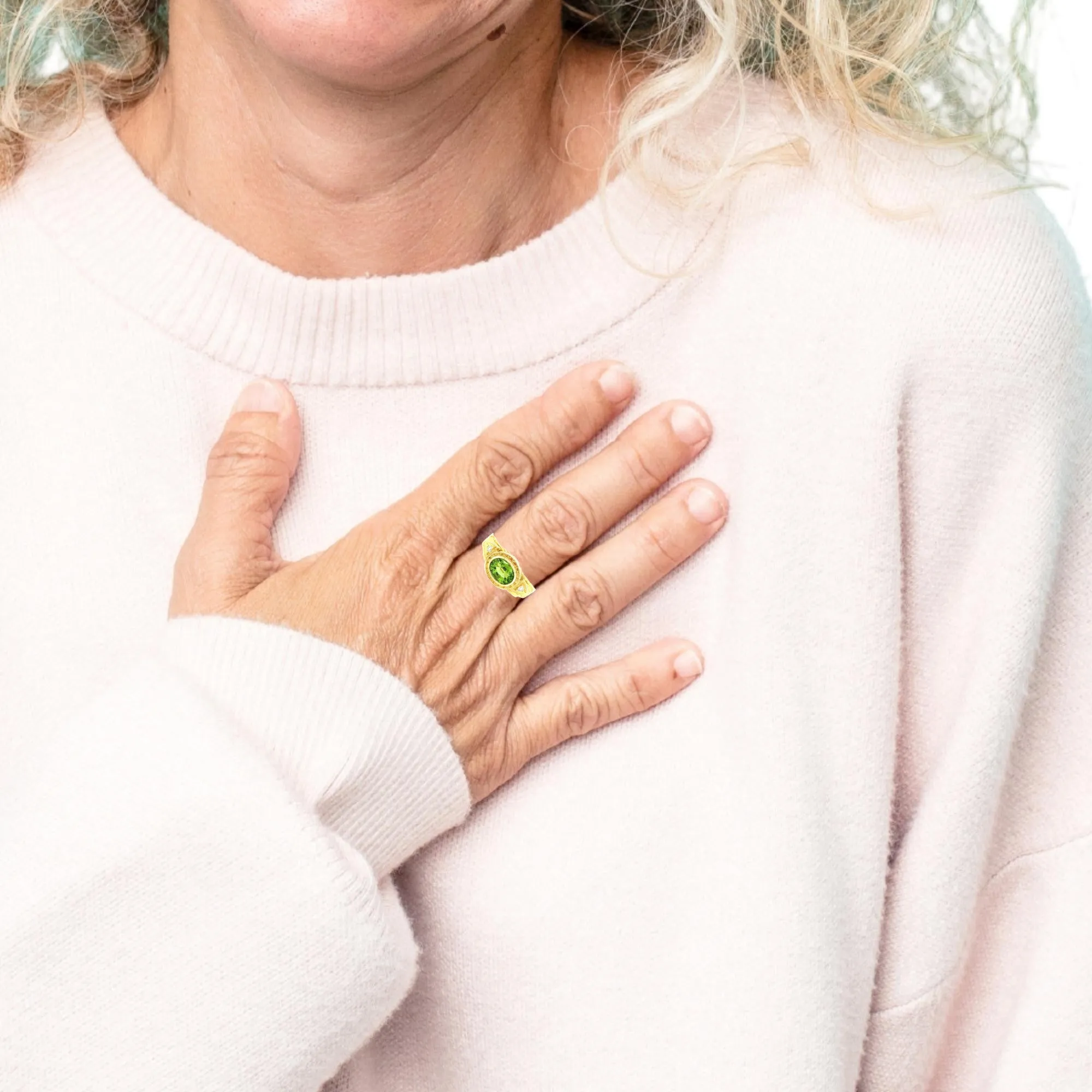 2.60 Carat Peridot Oval and Diamond Yellow Gold Engraved Bezel Band Ring
