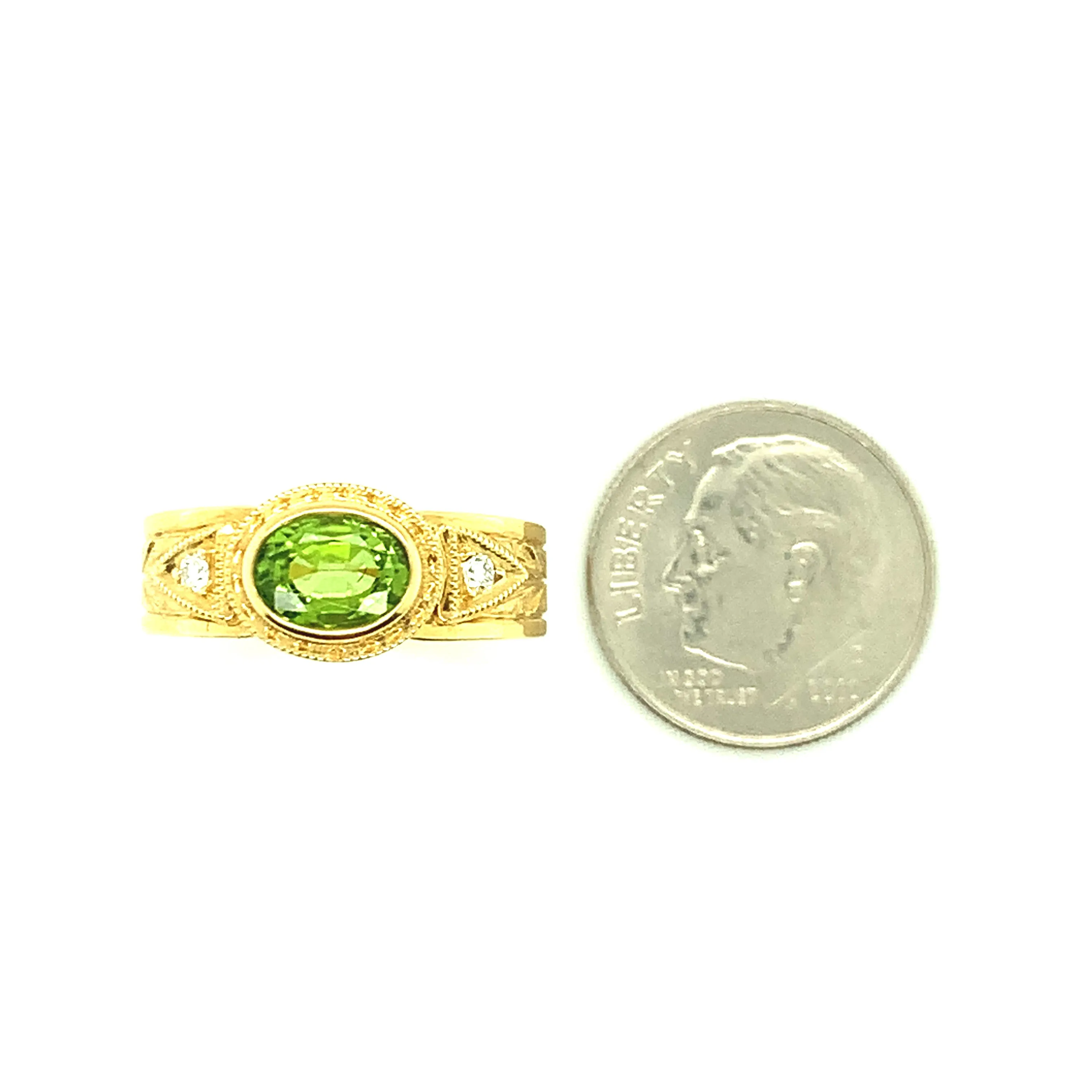 2.60 Carat Peridot Oval and Diamond Yellow Gold Engraved Bezel Band Ring