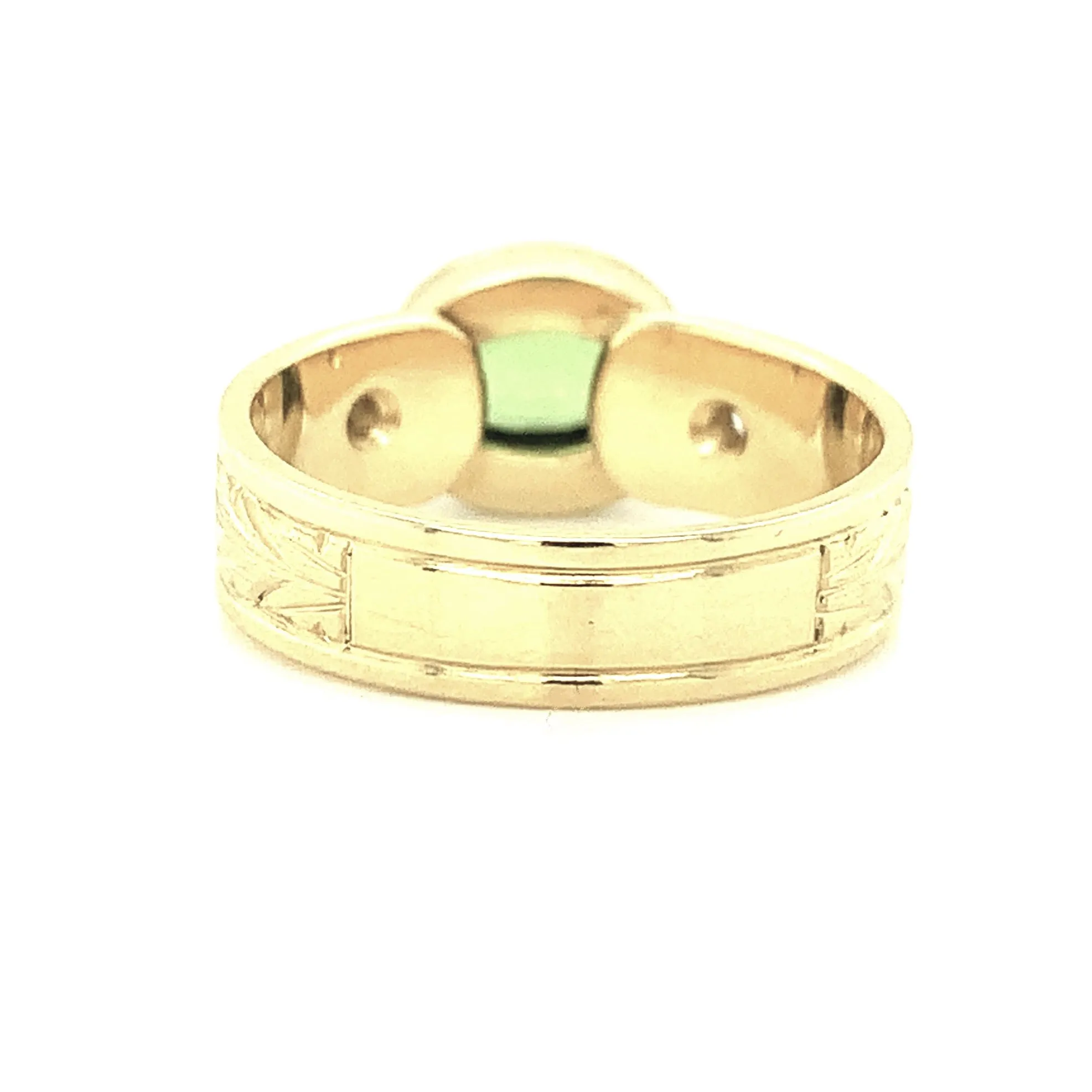 2.60 Carat Peridot Oval and Diamond Yellow Gold Engraved Bezel Band Ring