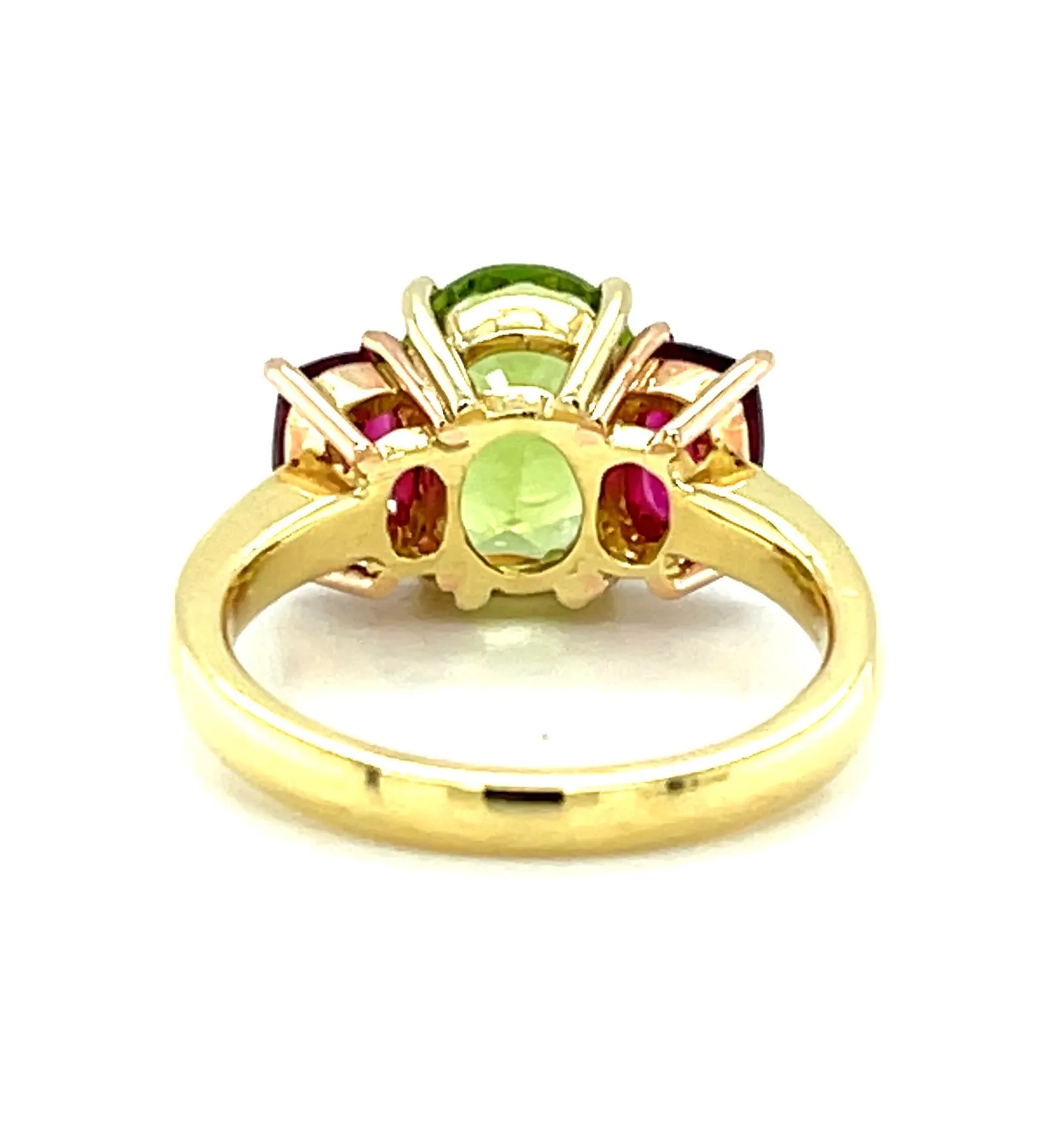 2.73 Carat Peridot & Tourmaline, Yellow & Rose Gold 3-Stone Cocktail Ring