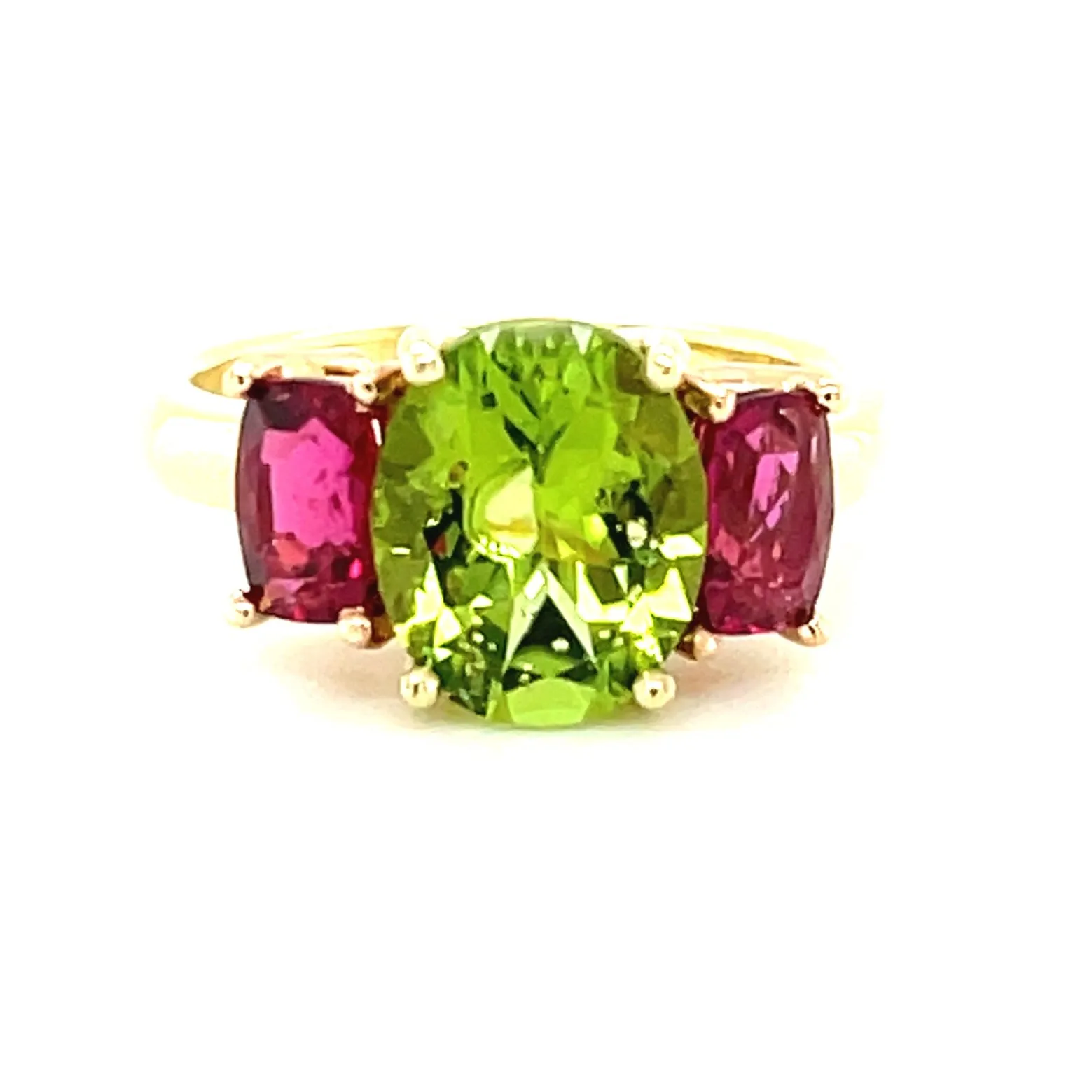 2.73 Carat Peridot & Tourmaline, Yellow & Rose Gold 3-Stone Cocktail Ring