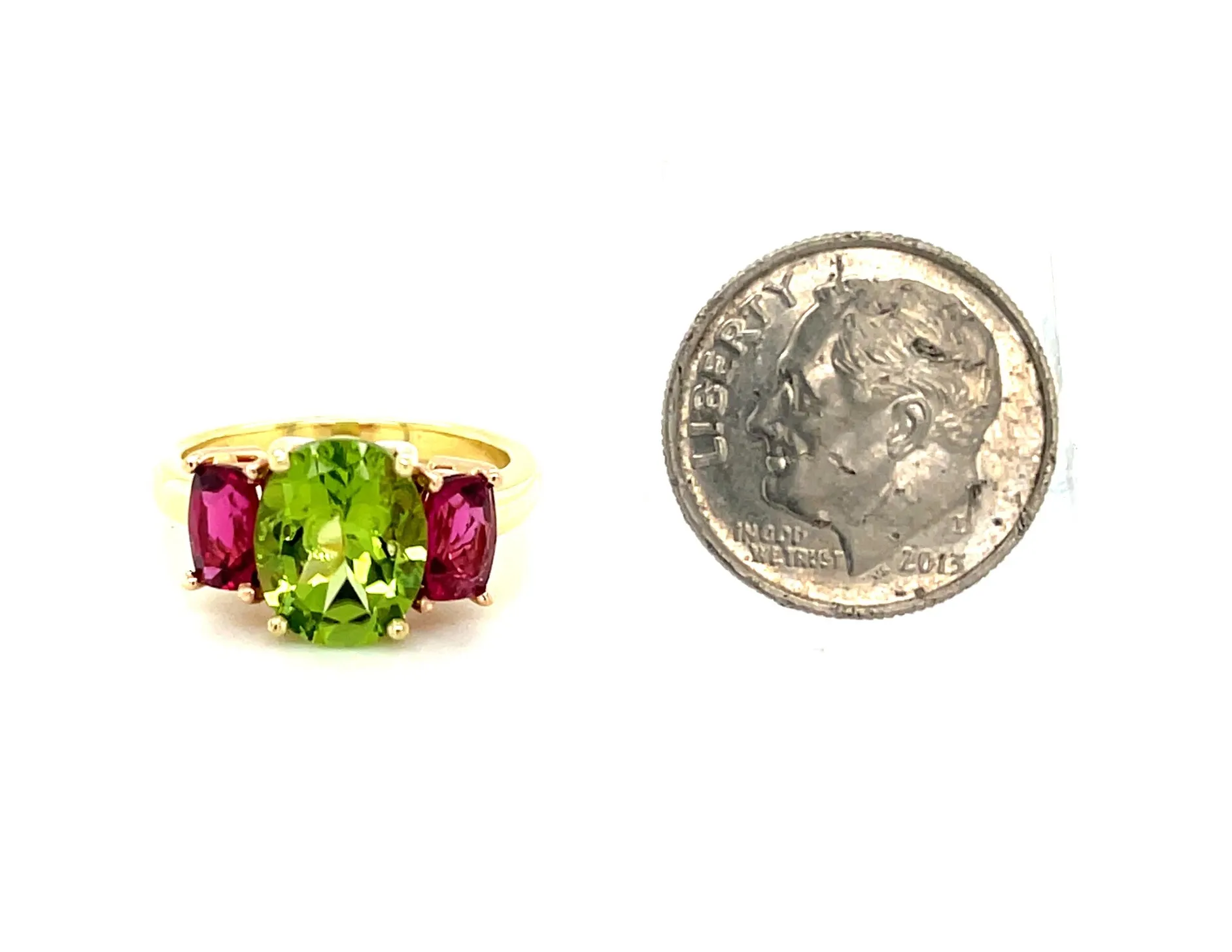 2.73 Carat Peridot & Tourmaline, Yellow & Rose Gold 3-Stone Cocktail Ring