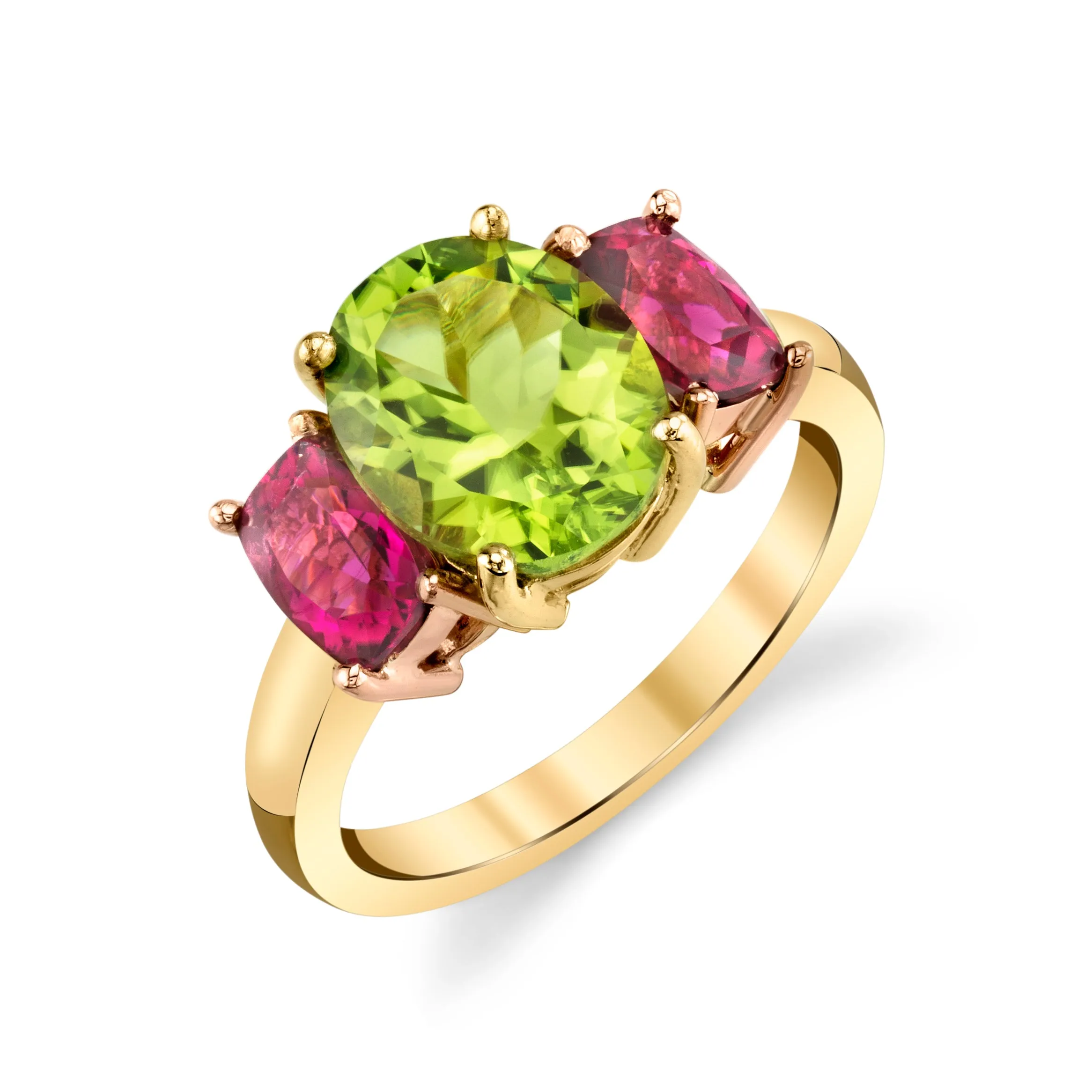 2.73 Carat Peridot & Tourmaline, Yellow & Rose Gold 3-Stone Cocktail Ring