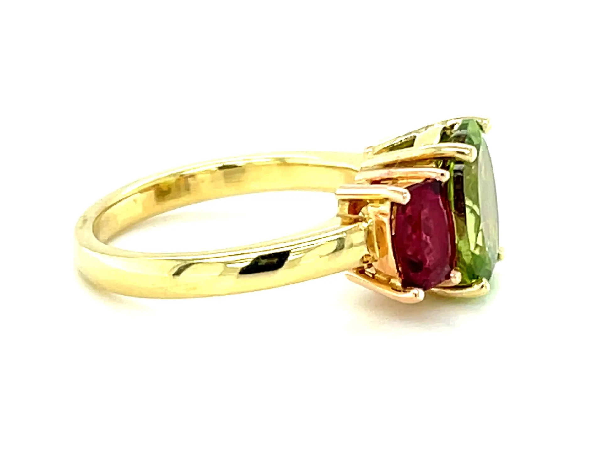2.73 Carat Peridot & Tourmaline, Yellow & Rose Gold 3-Stone Cocktail Ring