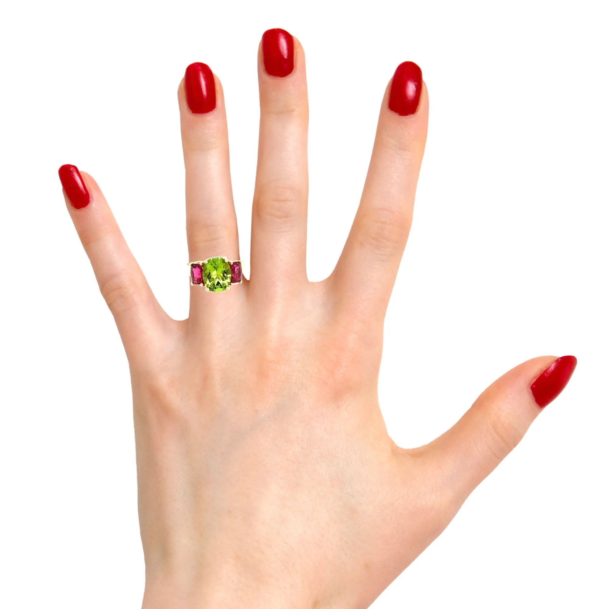 2.73 Carat Peridot & Tourmaline, Yellow & Rose Gold 3-Stone Cocktail Ring