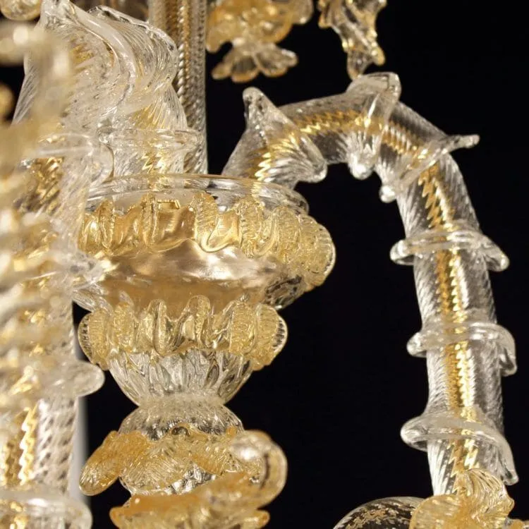 6 Light Rezzonico Chandelier in Crystal and Amber Murano Glass