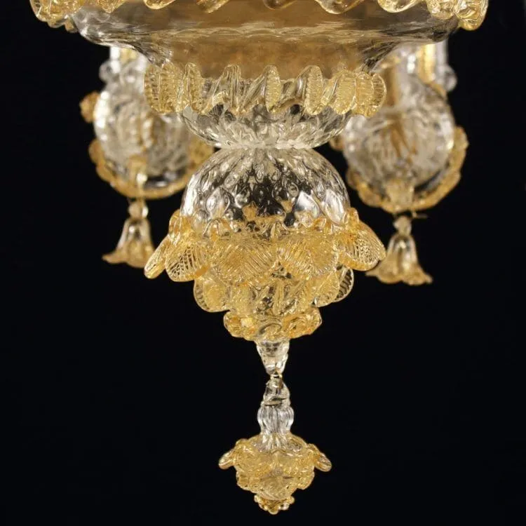 6 Light Rezzonico Chandelier in Crystal and Amber Murano Glass