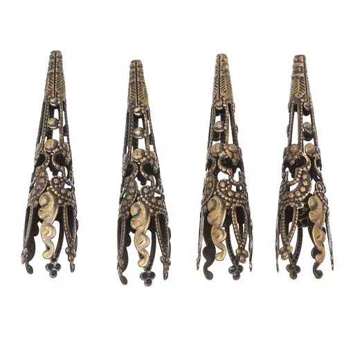Antiqued Brass Long Filigree Bead Cones 40mm (4 pcs)
