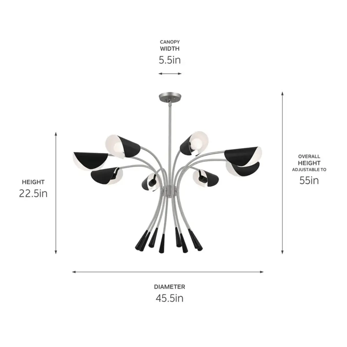 Arcus 46 in. 8 Lights Chandelier Satin Nickel Finish with Black shade