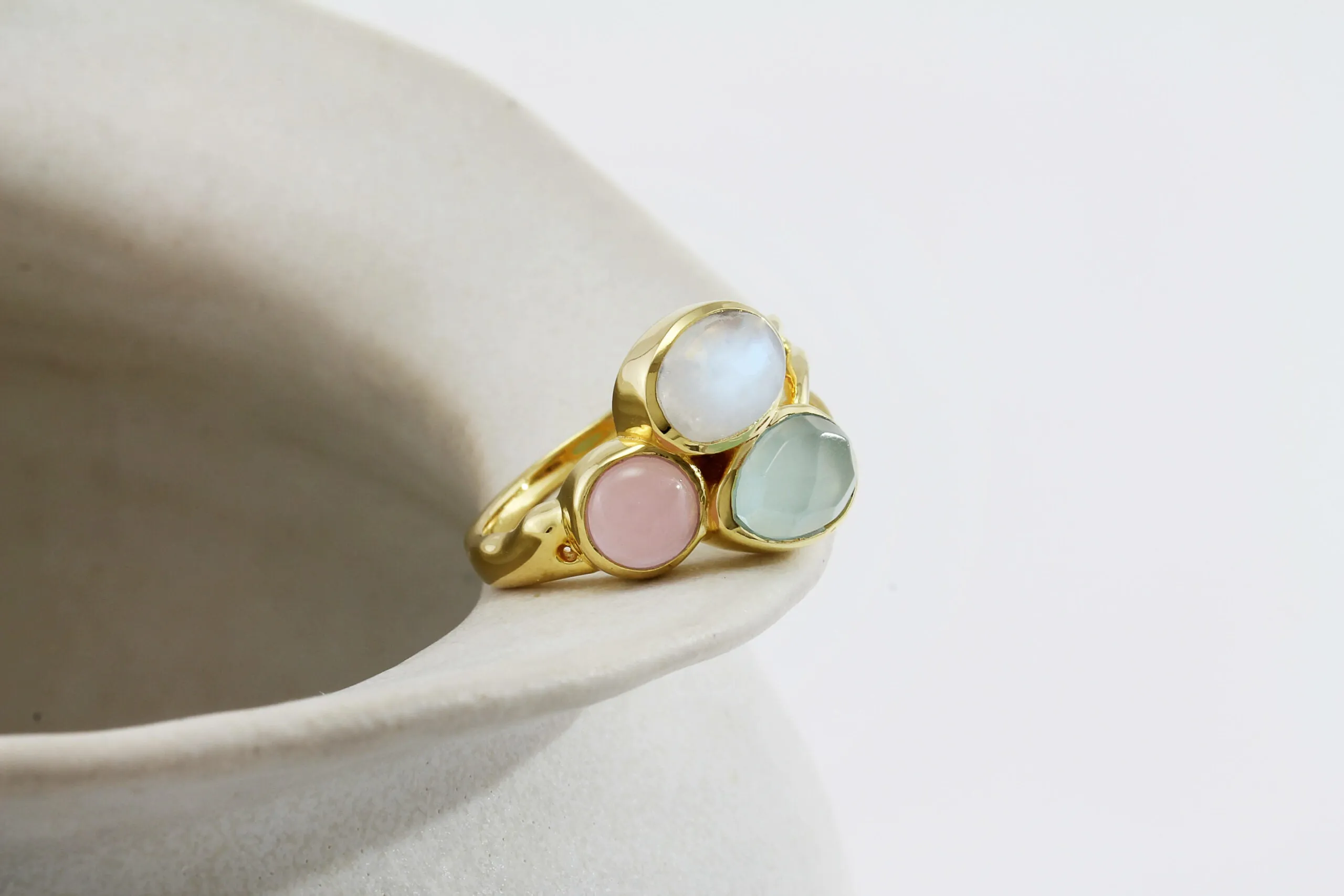 Banyan Moonstone, Rose and Aqua Chalcedony Gold Ring