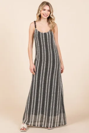 Black and White Striped Beaded Strap Maxi Dress
