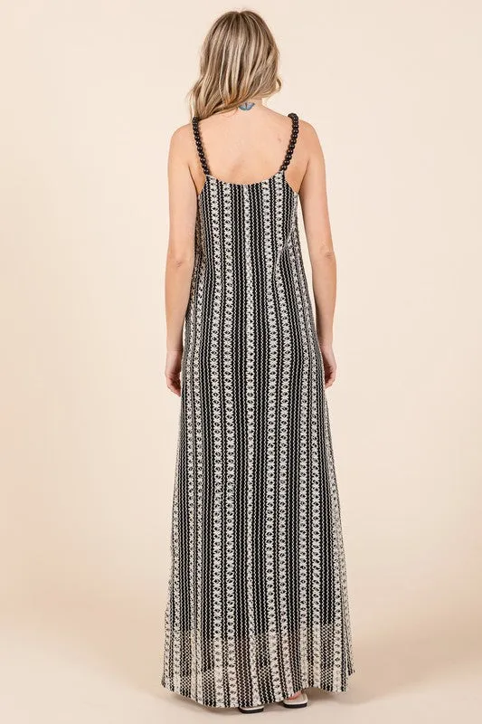 Black and White Striped Beaded Strap Maxi Dress