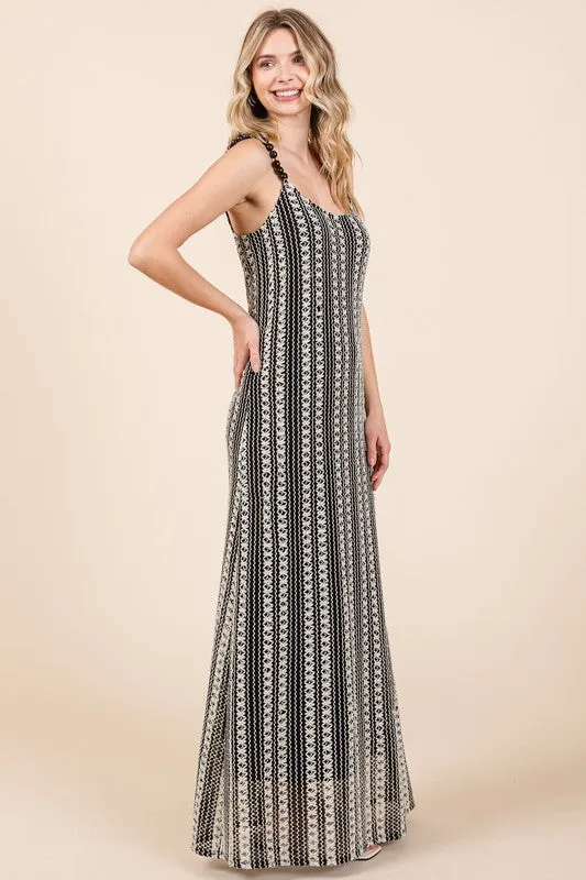 Black and White Striped Beaded Strap Maxi Dress