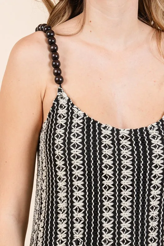 Black and White Striped Beaded Strap Maxi Dress