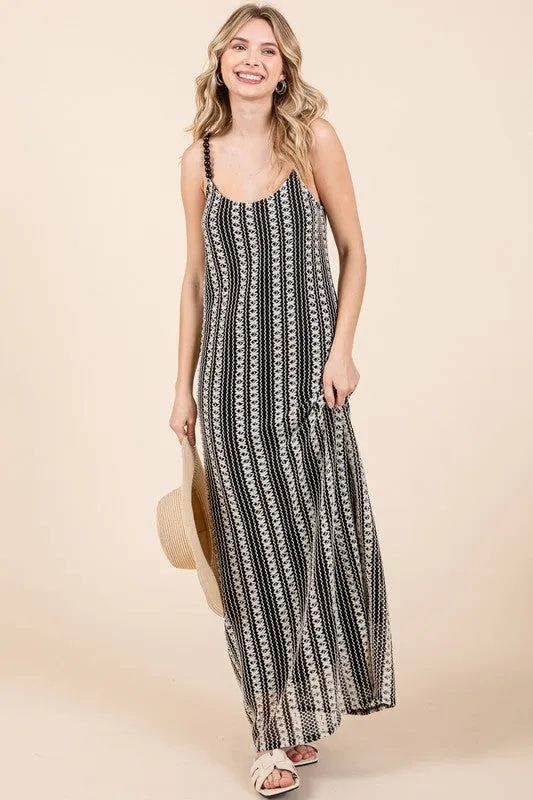Black and White Striped Beaded Strap Maxi Dress