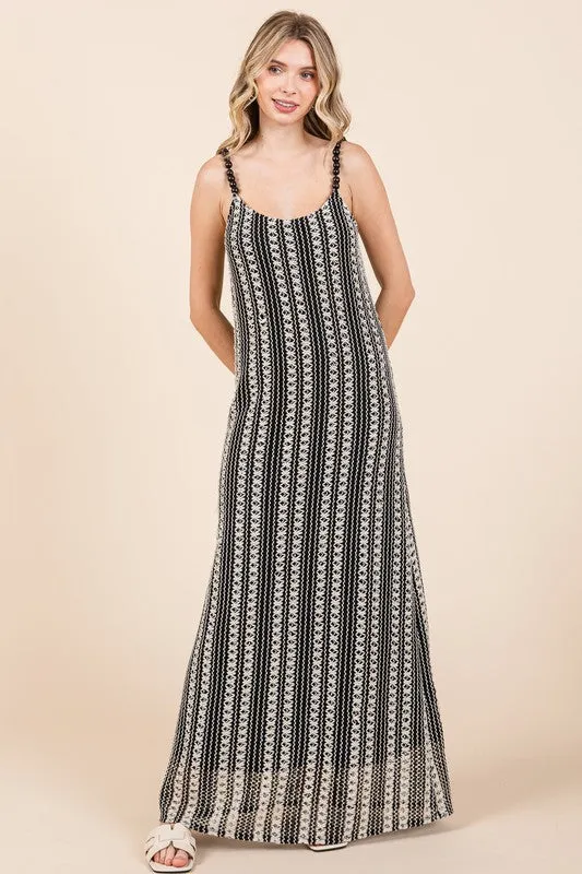 Black and White Striped Beaded Strap Maxi Dress