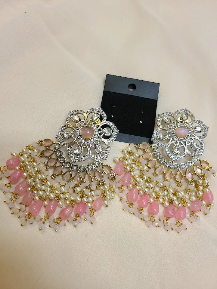 Blush Pink floral kundan and CZ statement earrings