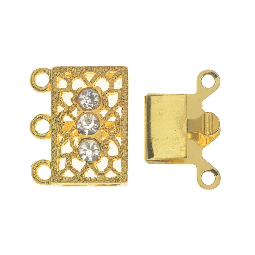 Box Clasps, 3-Strand Filigree Rectangle Design with 3 Rhinestones 18x17mm, Gold Tone (2 Sets)