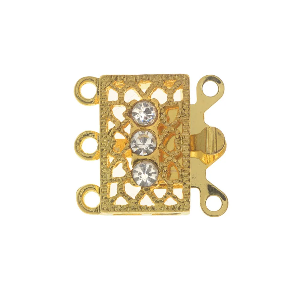 Box Clasps, 3-Strand Filigree Rectangle Design with 3 Rhinestones 18x17mm, Gold Tone (2 Sets)