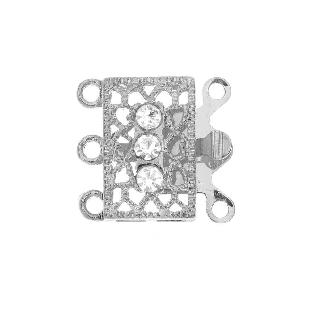 Box Clasps, 3-Strand Filigree Rectangle Design with 3 Rhinestones 18x17mm, Platinum Tone (2 Sets)