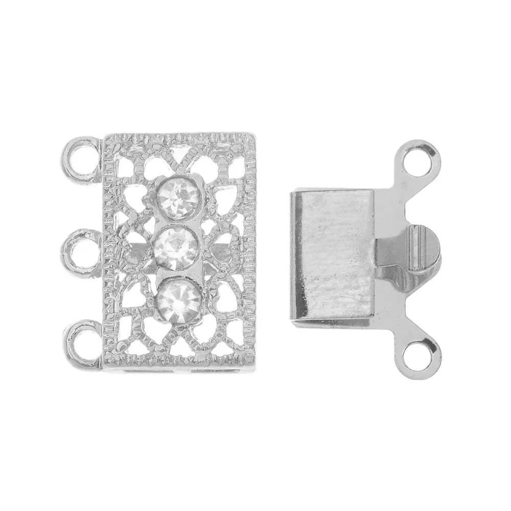 Box Clasps, 3-Strand Filigree Rectangle Design with 3 Rhinestones 18x17mm, Platinum Tone (2 Sets)