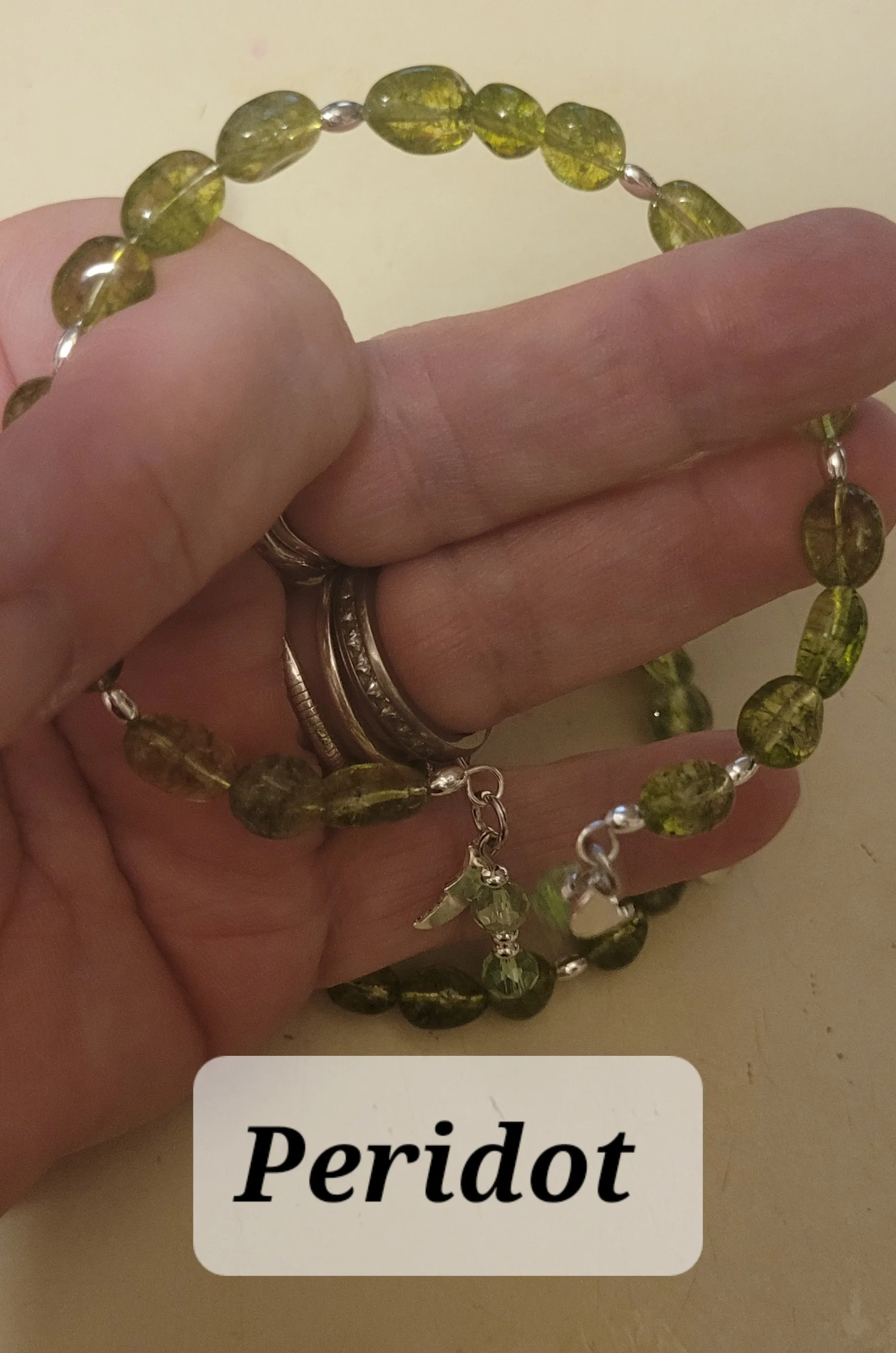 Bracelets- Peridot 6mm Bead Memory Wire with Dangles Bracelet - Random Pull - Adjustable Fits 7 in to 8 in