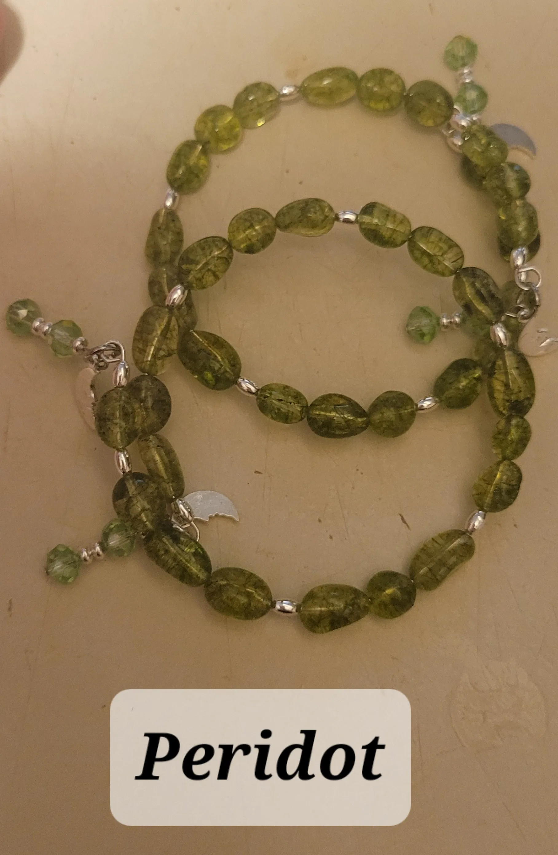 Bracelets- Peridot 6mm Bead Memory Wire with Dangles Bracelet - Random Pull - Adjustable Fits 7 in to 8 in