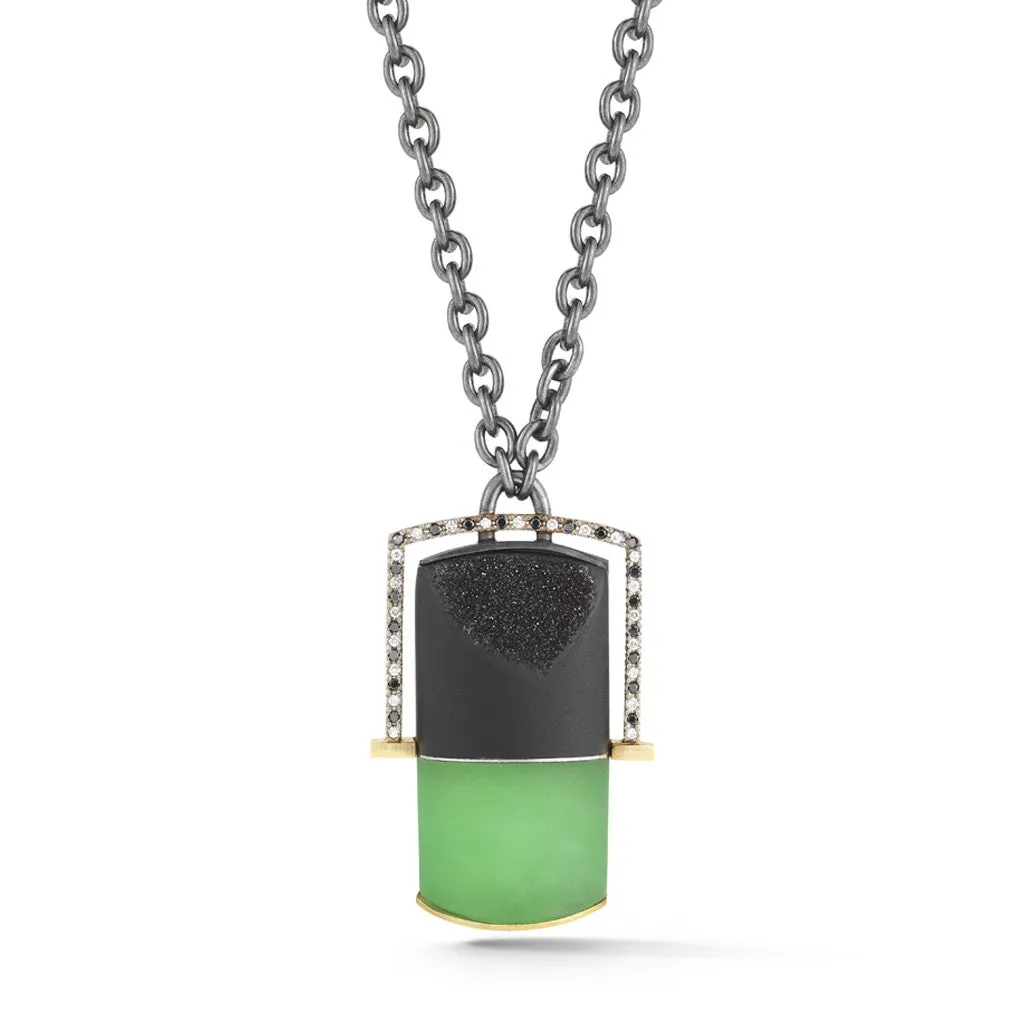 Carved Chrysoprase, Druzy and Black & White Diamond Pendant  
