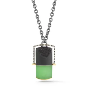 Carved Chrysoprase, Druzy and Black & White Diamond Pendant  