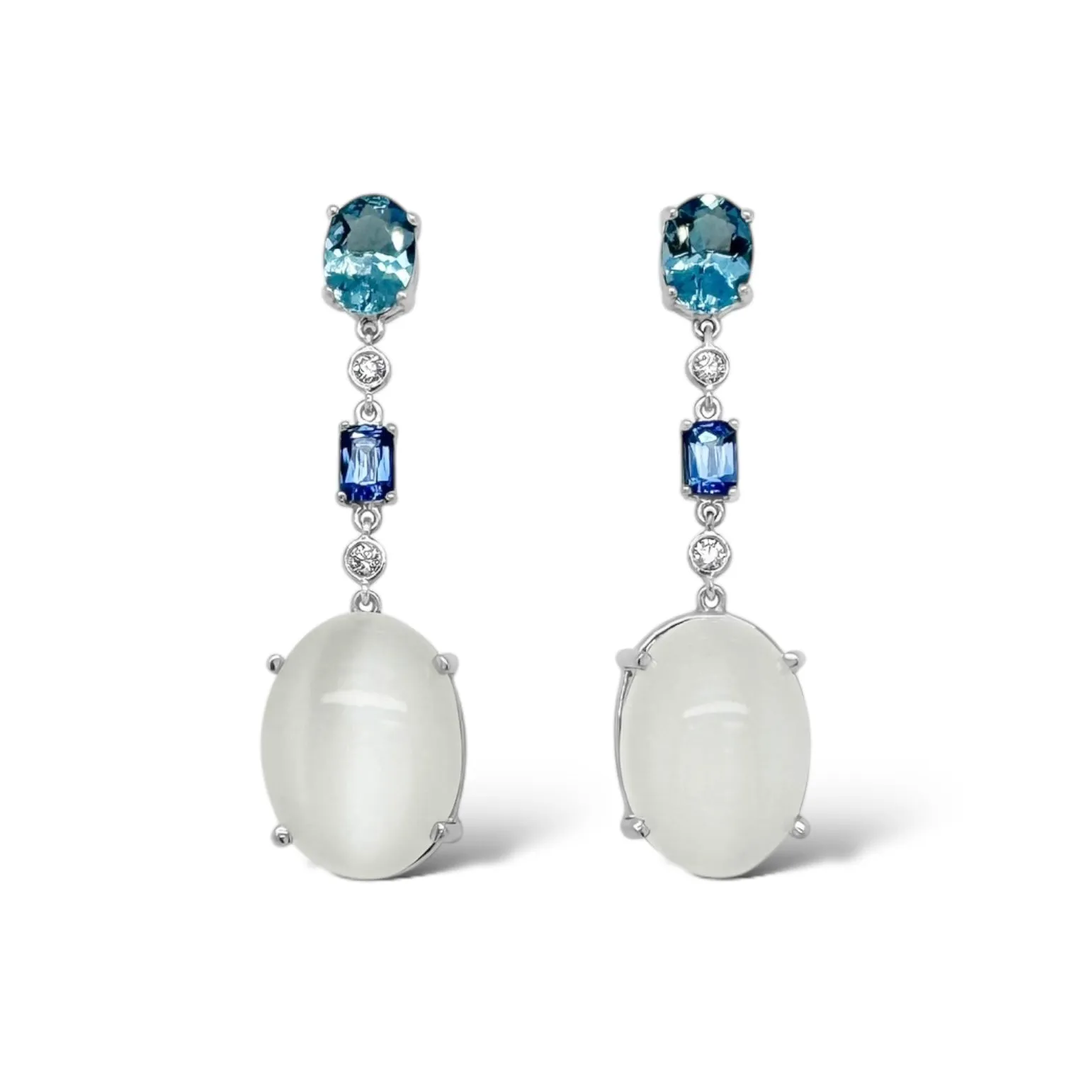 Cat's Eye Moonstone, Aquamarine & Sapphire Triple Drop Earrings