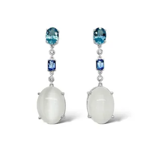 Cat's Eye Moonstone, Aquamarine & Sapphire Triple Drop Earrings