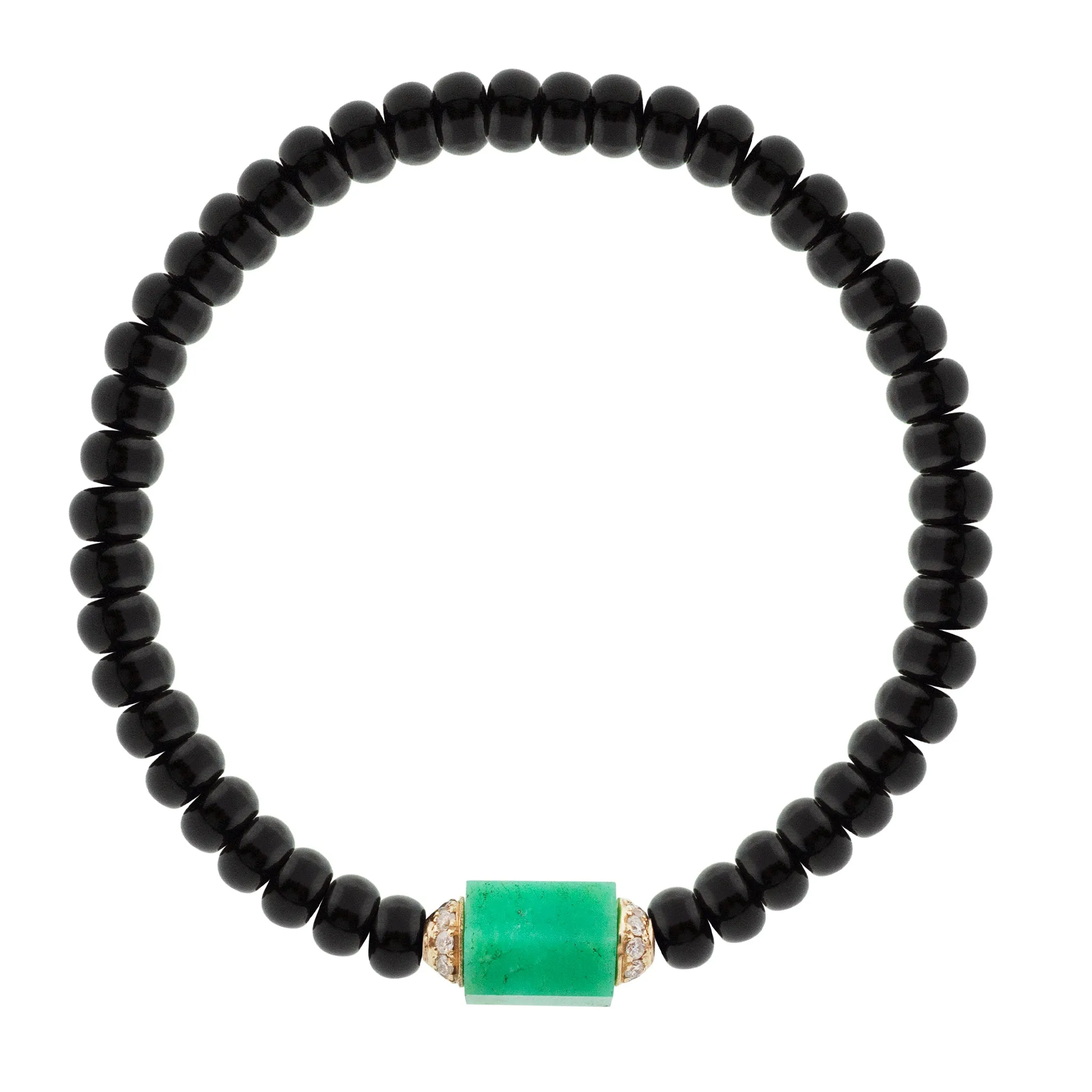 Chrysoprase Hexagon Bolt with White Diamonds on Onyx Beaded Bracelet