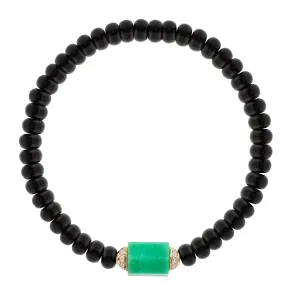 Chrysoprase Hexagon Bolt with White Diamonds on Onyx Beaded Bracelet