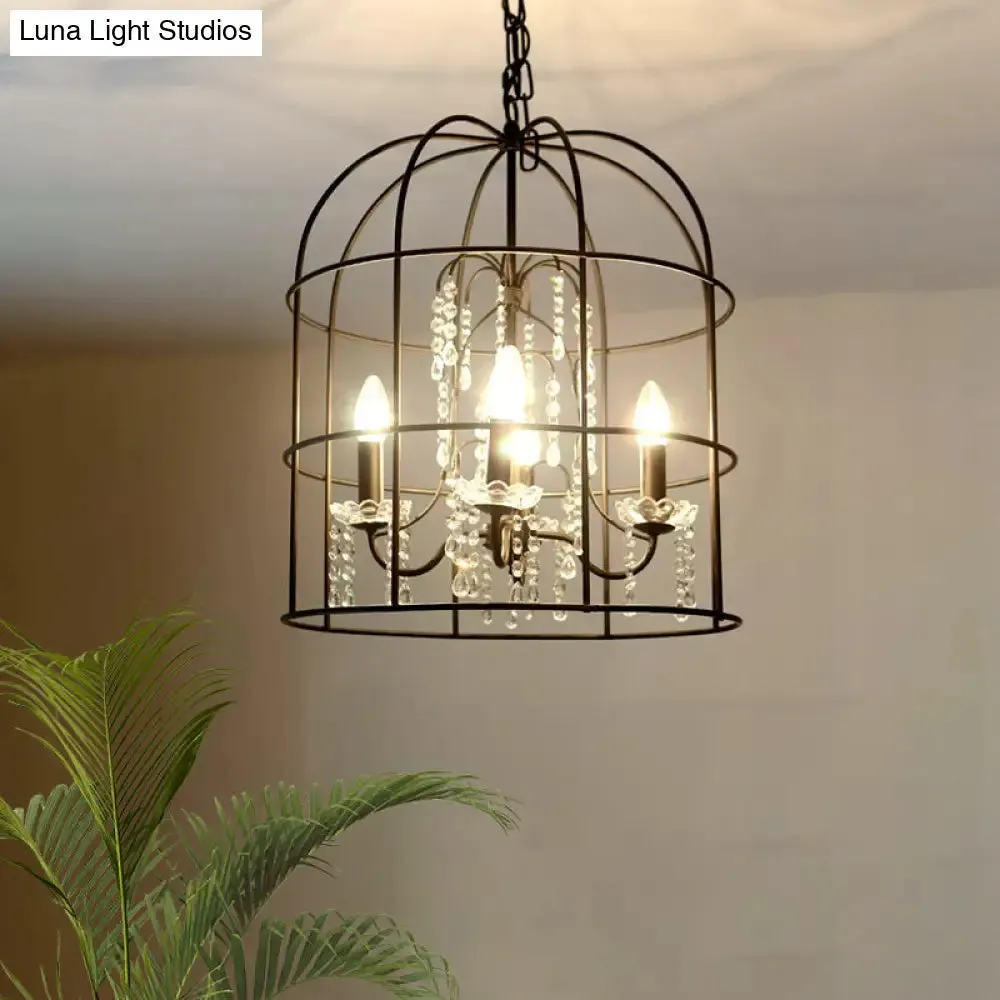 Classic Birdcage 4-Light Pendant Chandelier in Black with Crystal Draping