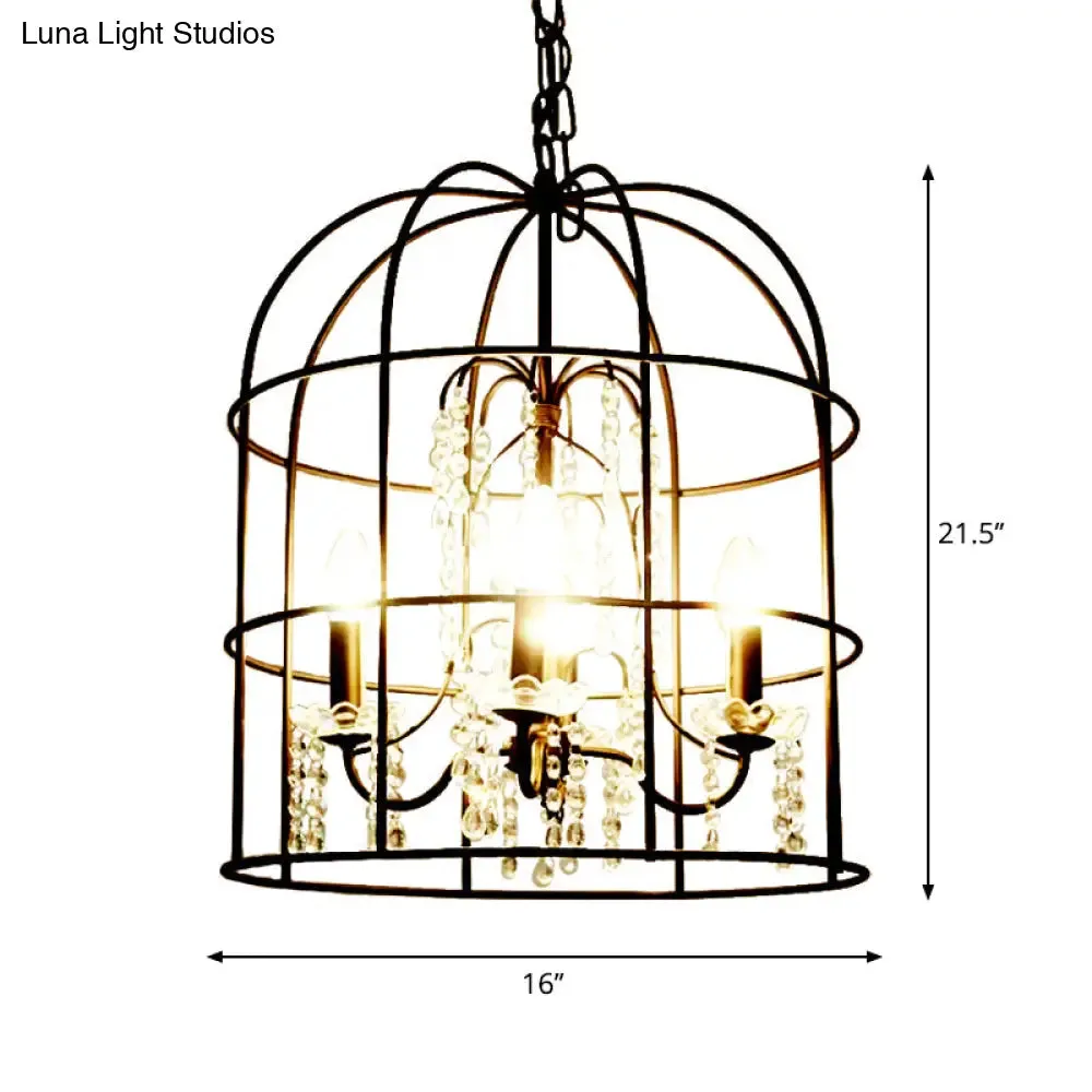 Classic Birdcage 4-Light Pendant Chandelier in Black with Crystal Draping