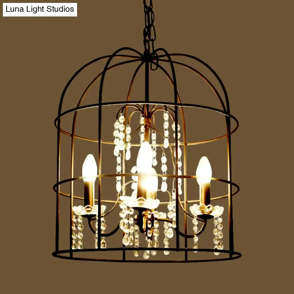 Classic Birdcage 4-Light Pendant Chandelier in Black with Crystal Draping