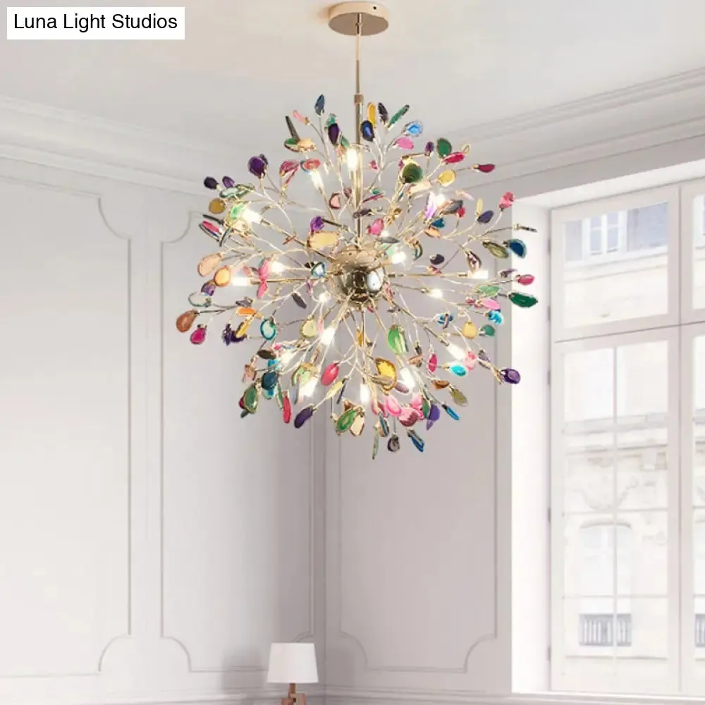 Contemporary Gold Flower Chandelier with Multi-Agate Lights - Hanging Ceiling Fixture