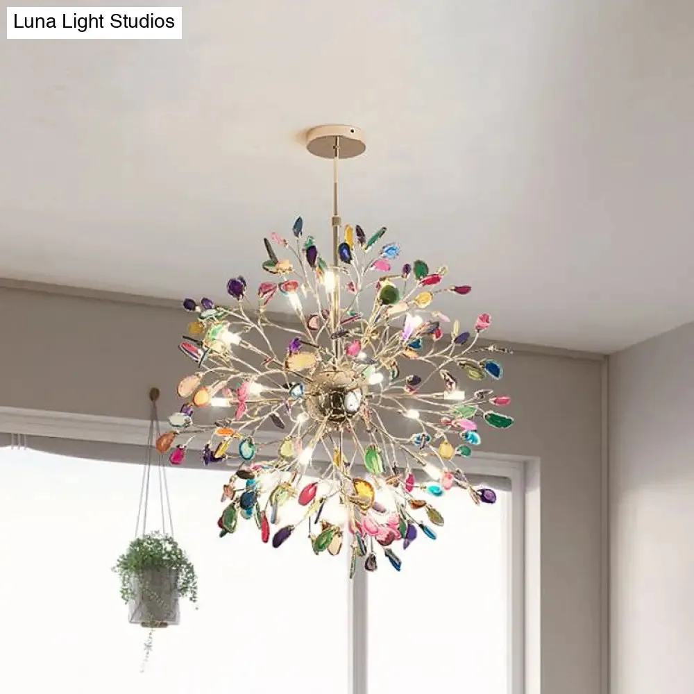 Contemporary Gold Flower Chandelier with Multi-Agate Lights - Hanging Ceiling Fixture