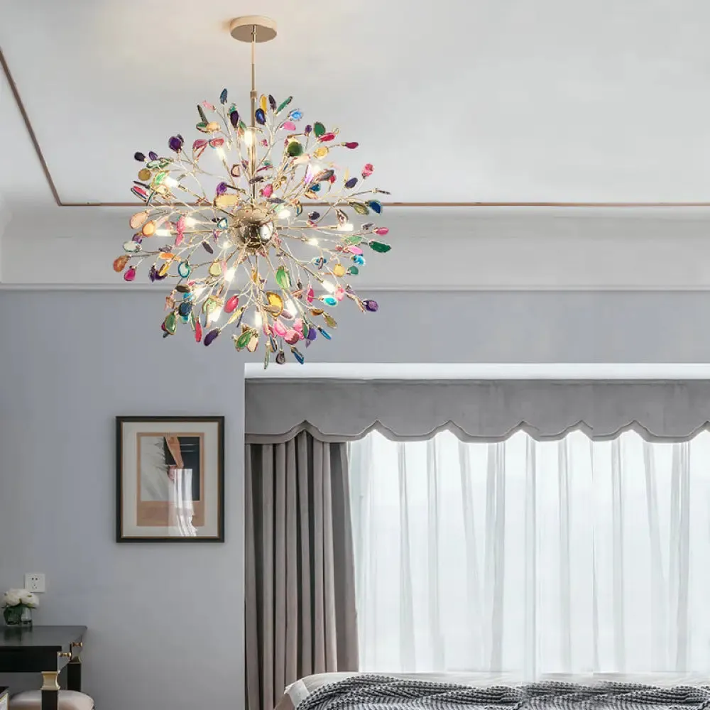 Contemporary Gold Flower Chandelier with Multi-Agate Lights - Hanging Ceiling Fixture
