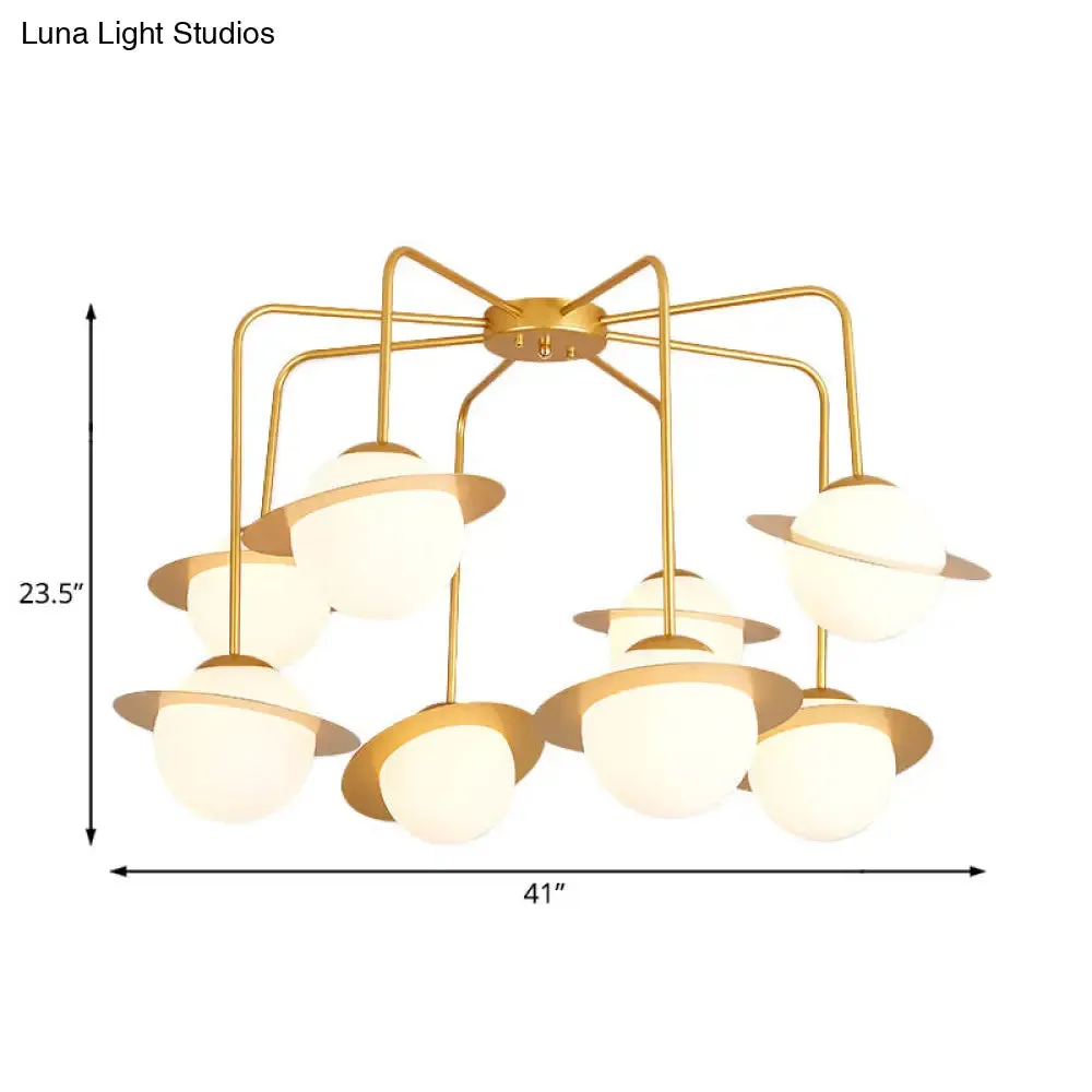 Contemporary Metal Radial Chandelier with 8 Lights - Gold/Chrome LED Ceiling Lamp and Glass Globe Shade