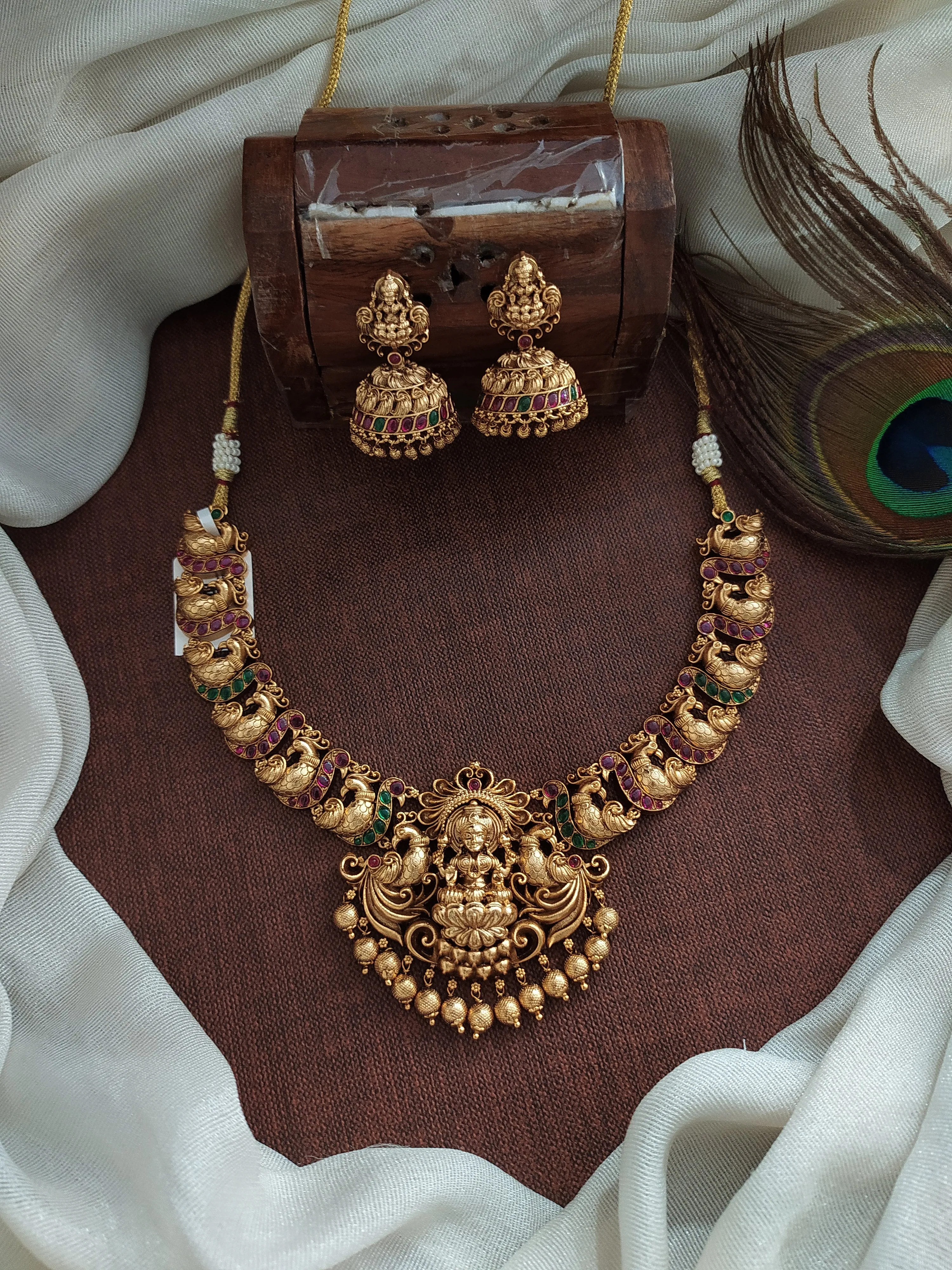 Copper Antique Nagas Work Lakshmi Necklace With Divine Radiance
