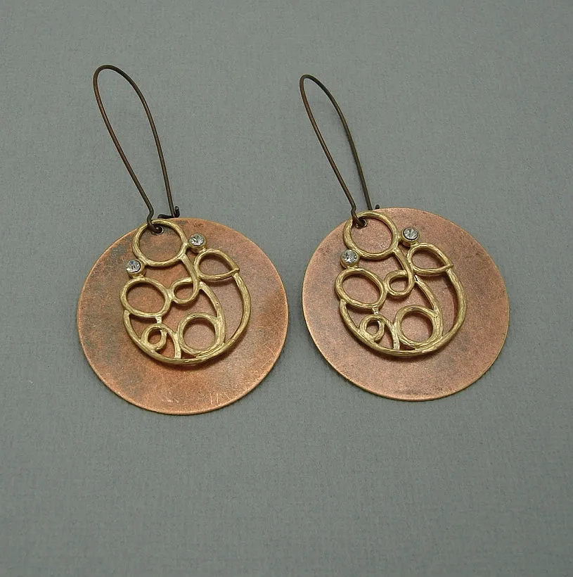 Earrings Gold  Filigree with Cubic Zirconia on Ox Copper Round Dangle Earrings.